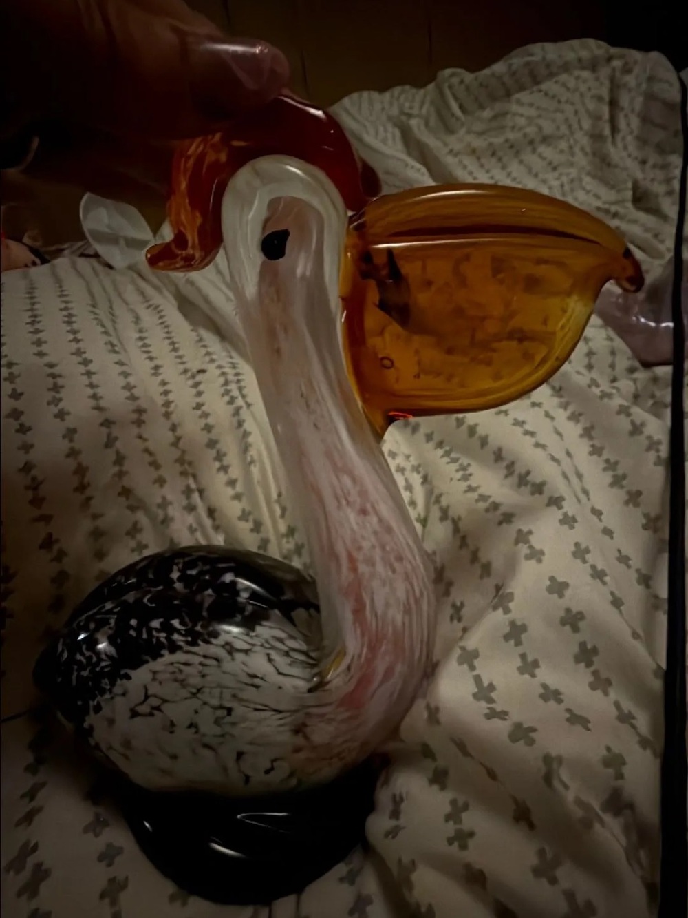 Handblown Glass Pelican Figurine - Amber Beak & Speckled Body